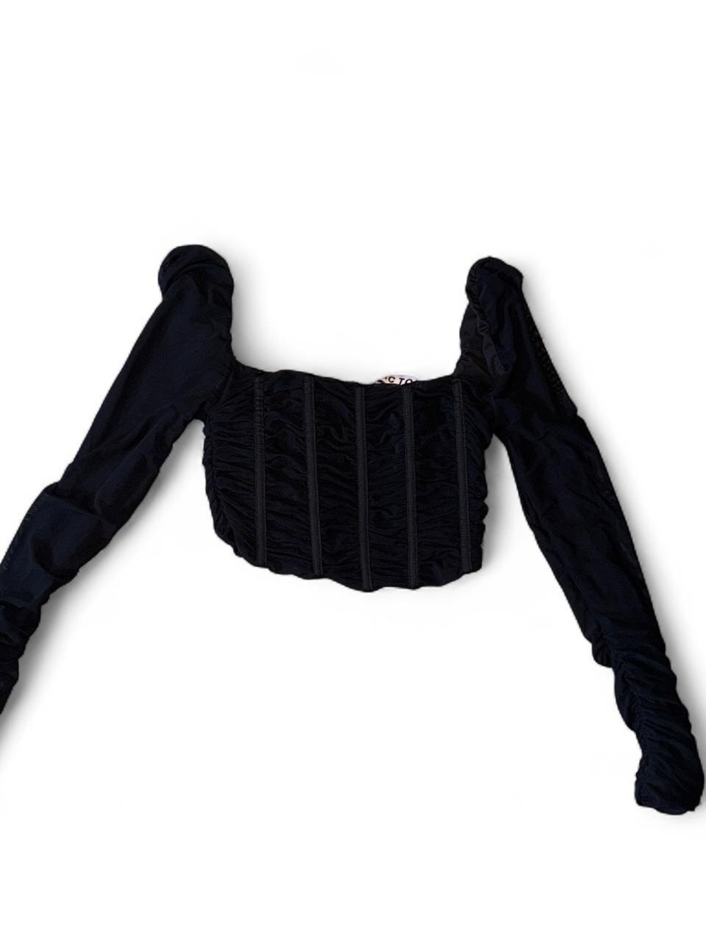 Ruched Black Long-Sleeve Crop Top with Square Neck